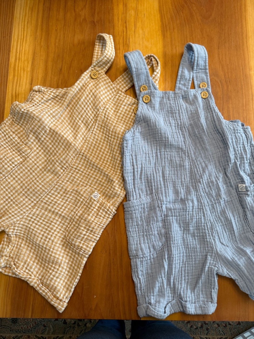 Children's Gauze Overalls in Blue and Tan - Adjustable Straps